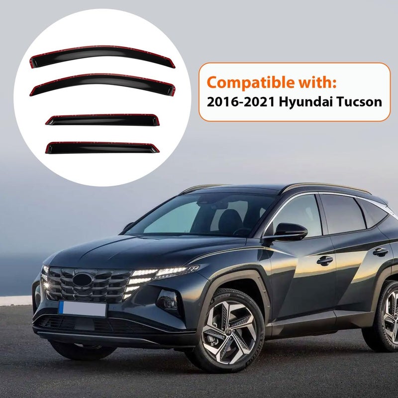 PLDDE Rain Guards Compatible with 2016-2021 Hyundai Tucson, Set of 4 Front+Rear Tape-On Side Window Visor Wind Deflector Vent Visors Car Accessories - Image 2